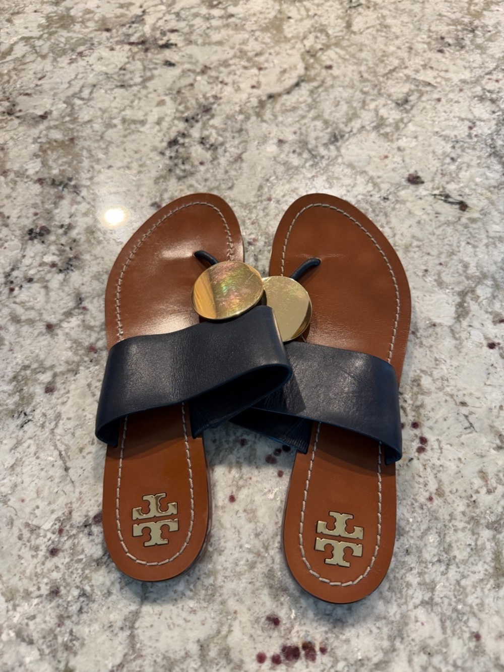 Tory Burch Navy Leather Slide Sandals with Gold Discs